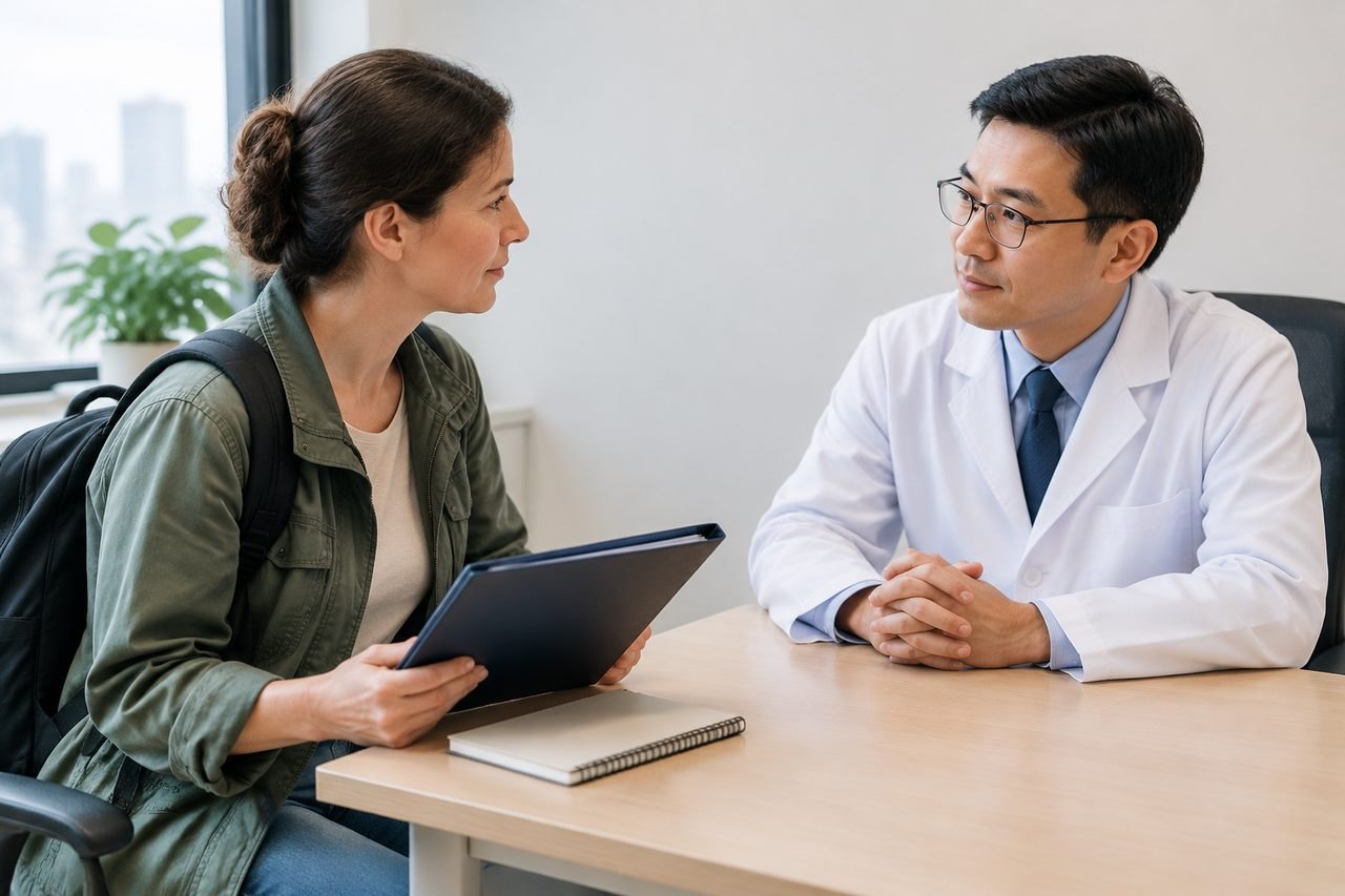 AI illustration: A patient and a doctor engage in a consultation in a medical office setting.