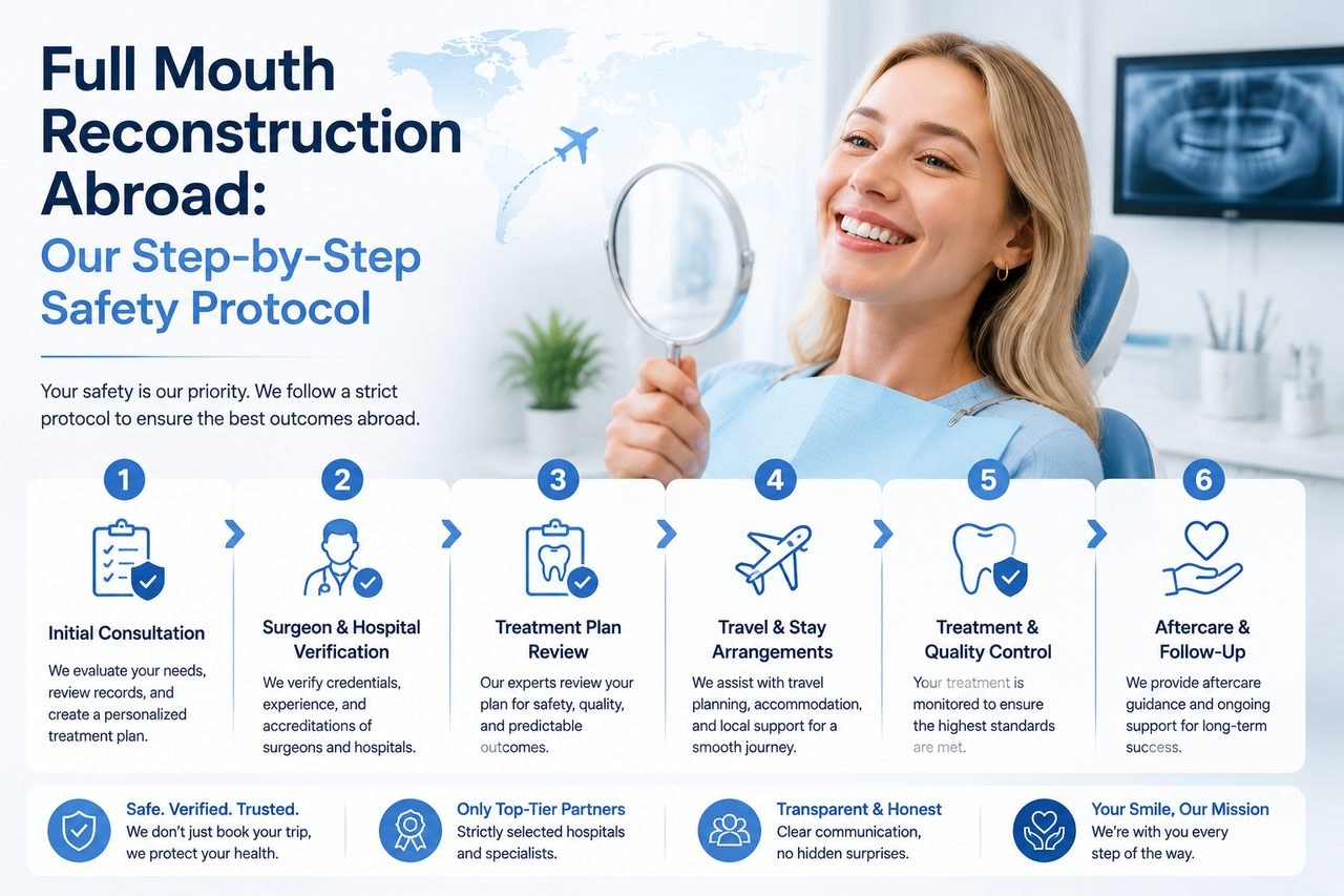 Illustrative image: A visual guide outlining the step-by-step safety protocol for full mouth reconstruction abroad, emphasizing patient care and travel arrangements.