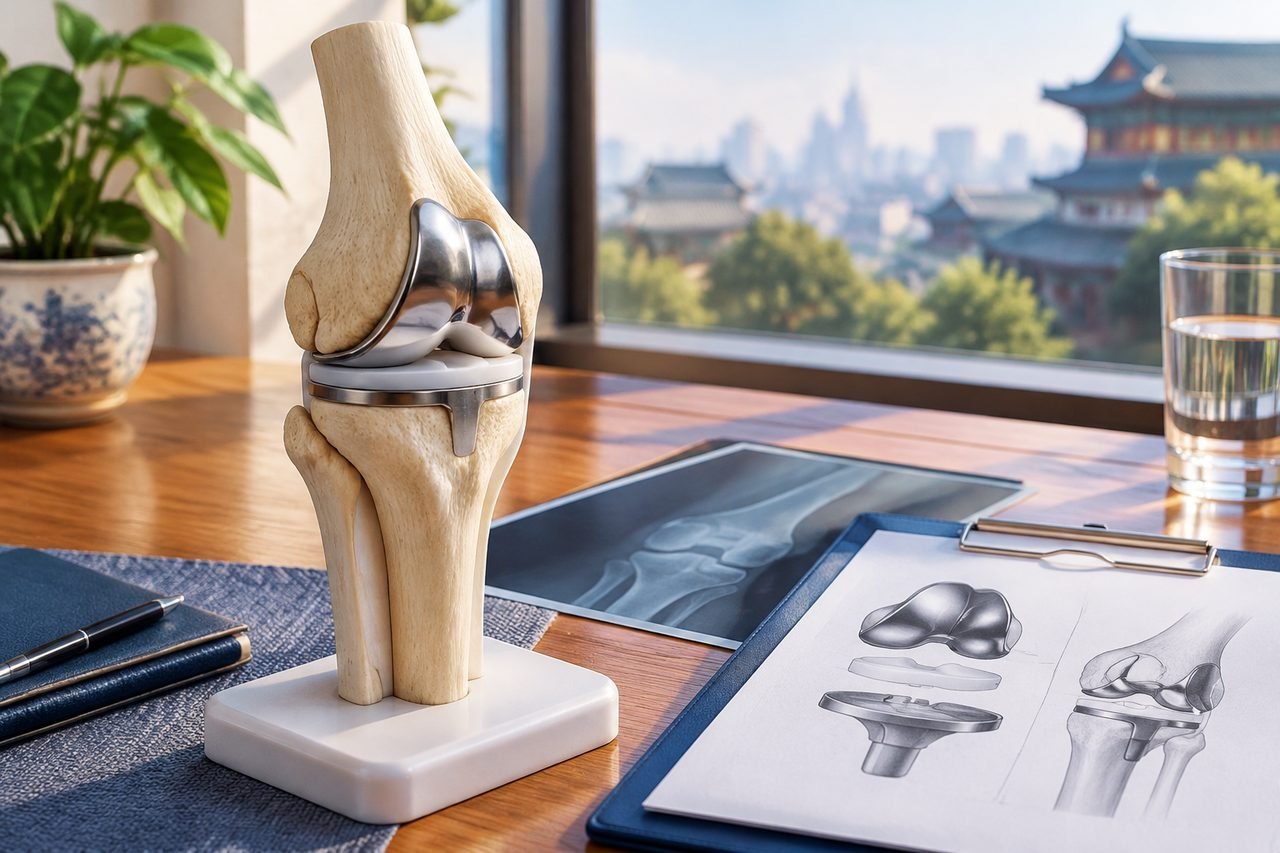 Illustrative image: A detailed anatomical model of a knee joint is displayed on a desk alongside sketches and an X-ray image.