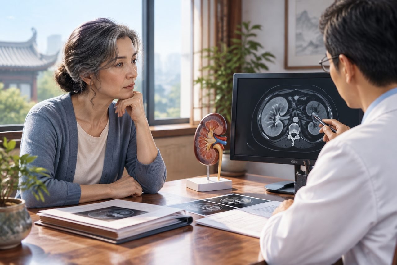Illustrative image: A doctor discusses medical imaging with a patient in a consultation room.