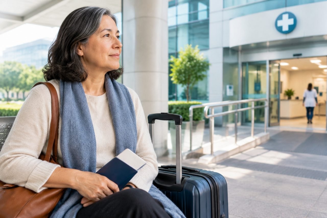 Illustrative image: A woman waits outside a medical facility with luggage and a passport in hand.