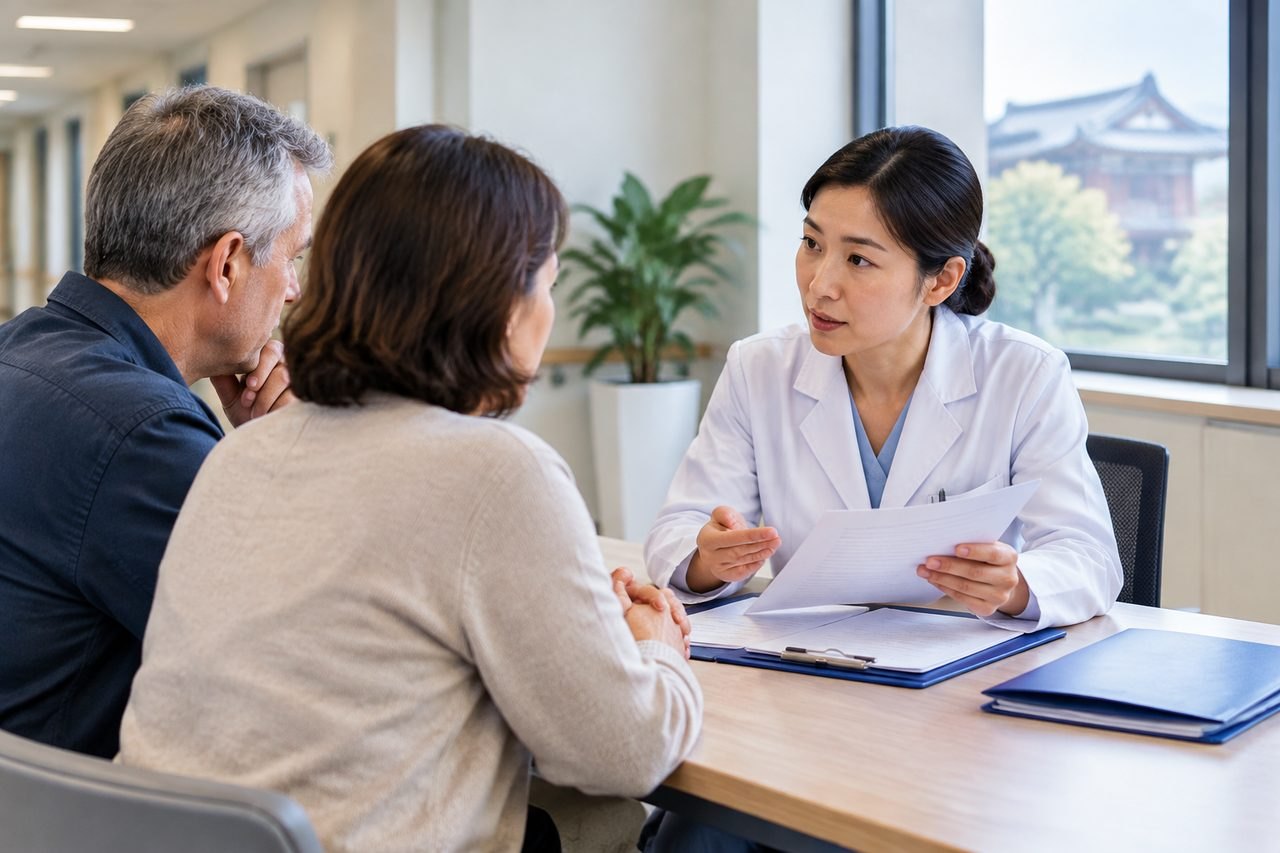 AI illustration: A doctor discusses medical information with a couple in a consultation setting.