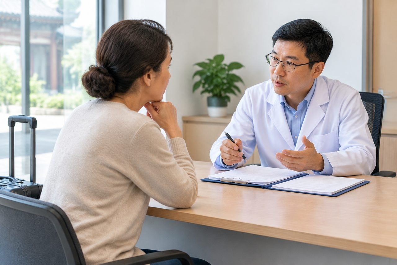 AI illustration: A doctor discusses with a patient in a consultation room.