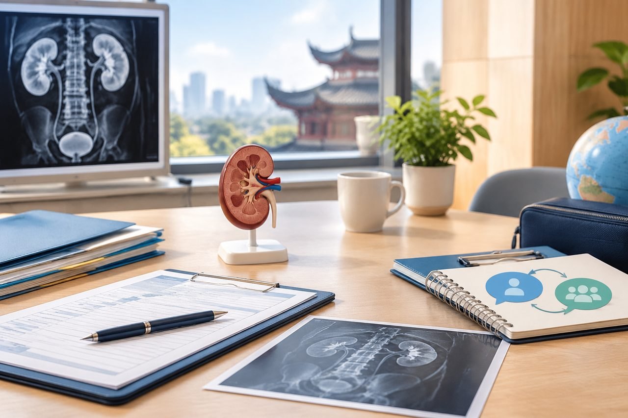 Illustrative image: A medical consultation workspace featuring anatomical models and medical records.