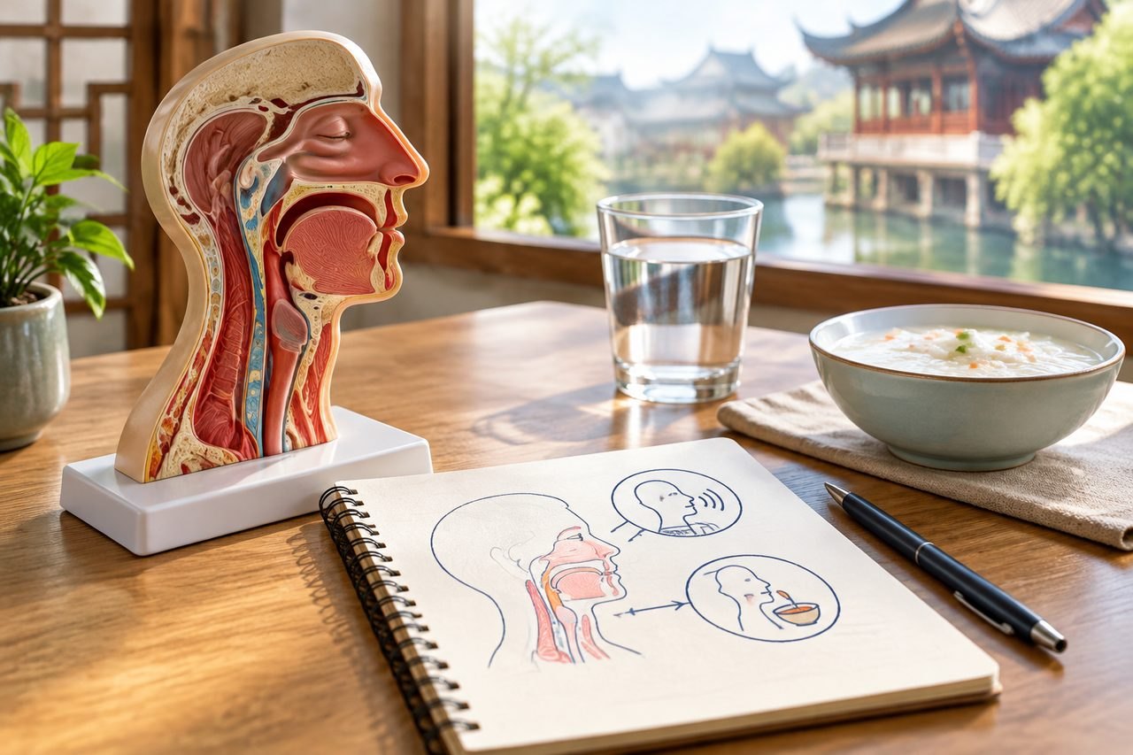 Illustrative image: A detailed anatomical model of the human head is displayed alongside a notebook and food items on a wooden table with a scenic view outside.