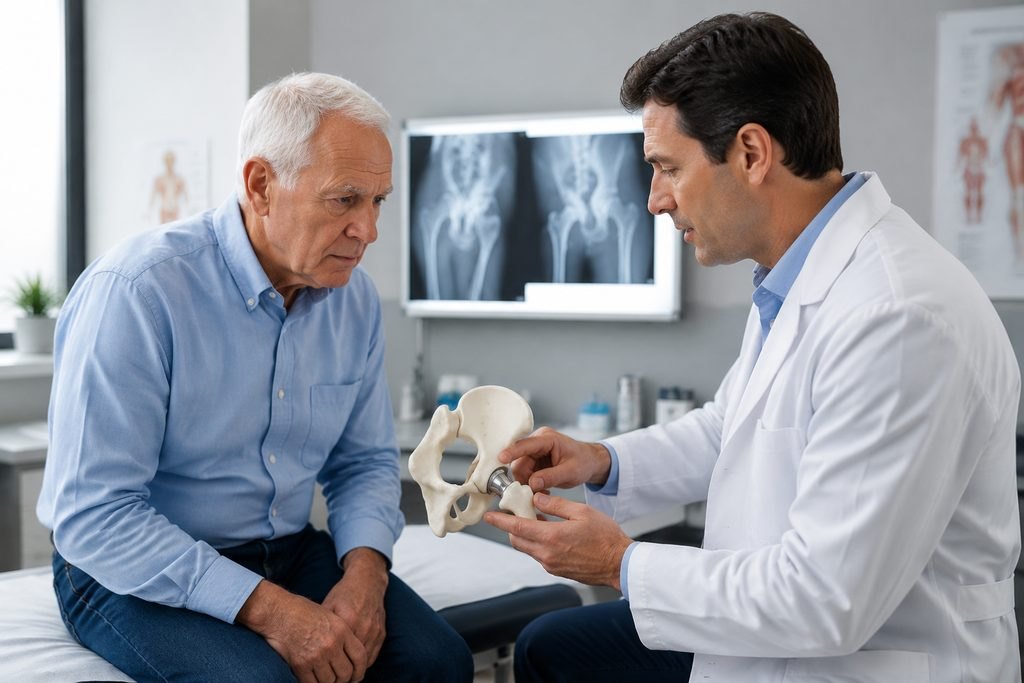 Illustrative image: A doctor discusses a pelvic model with an elderly patient during a consultation in a medical office.