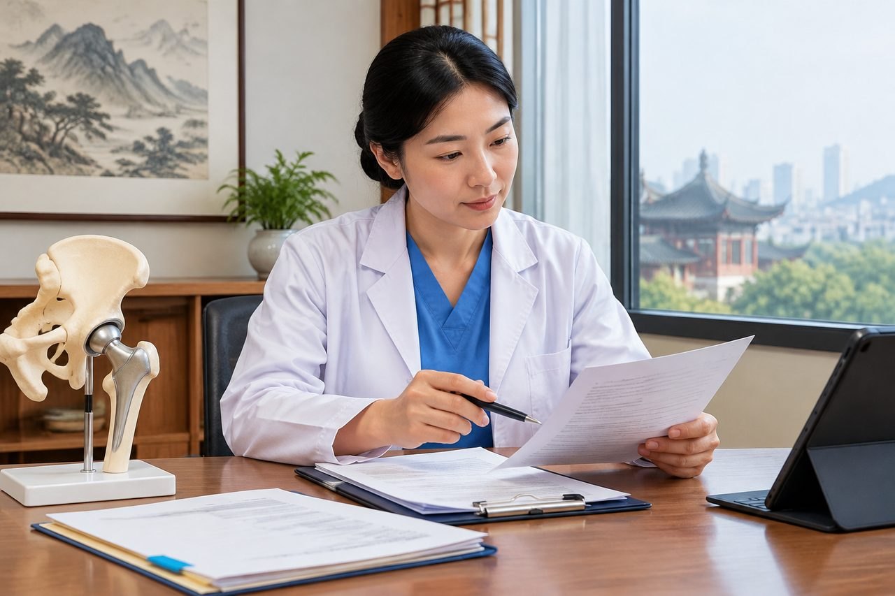 AI illustration: A medical professional reviews documents in a consultation room with an anatomical model of a pelvis.