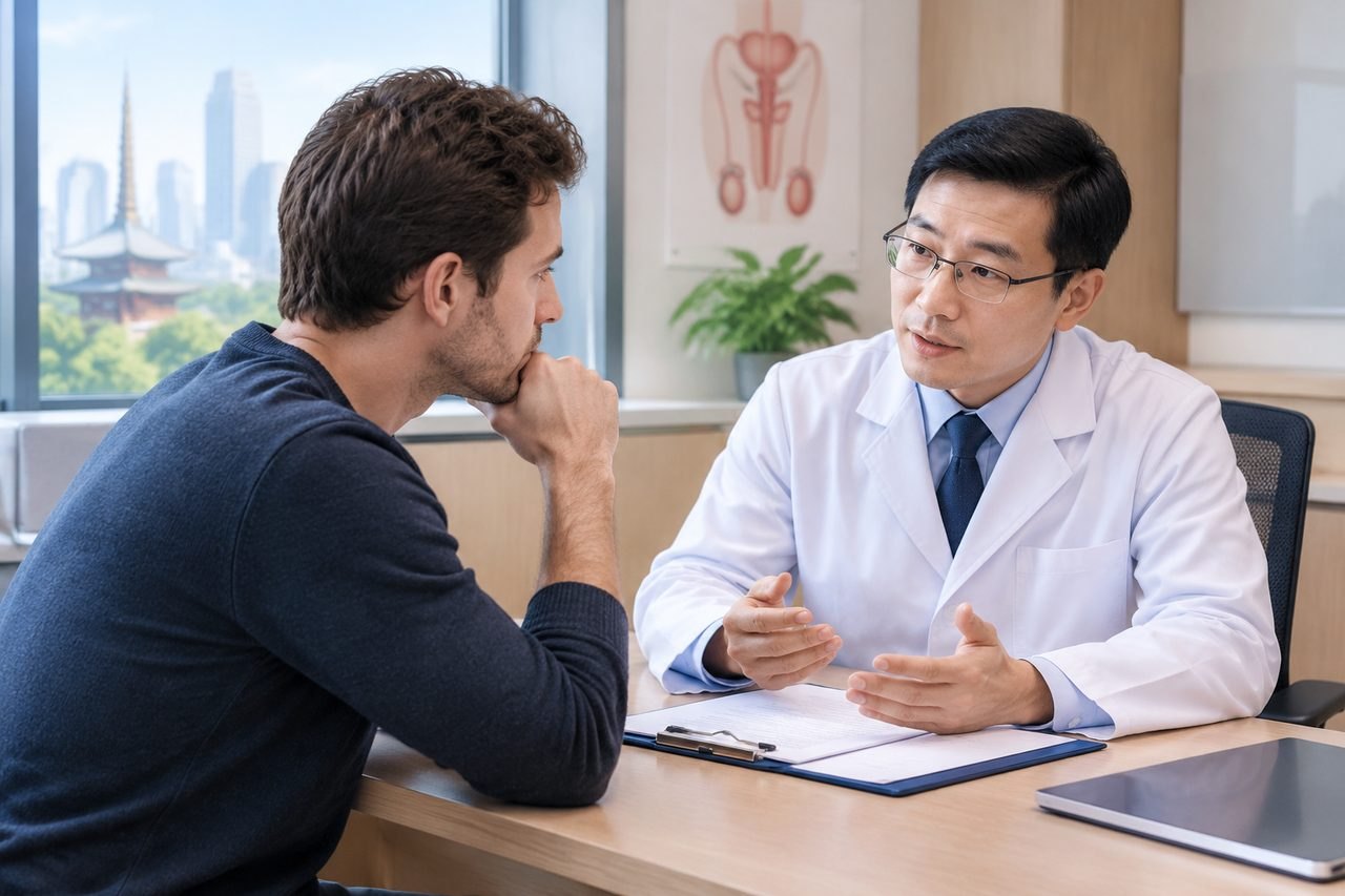 Illustrative image: A doctor discusses with a patient in a consultation room.