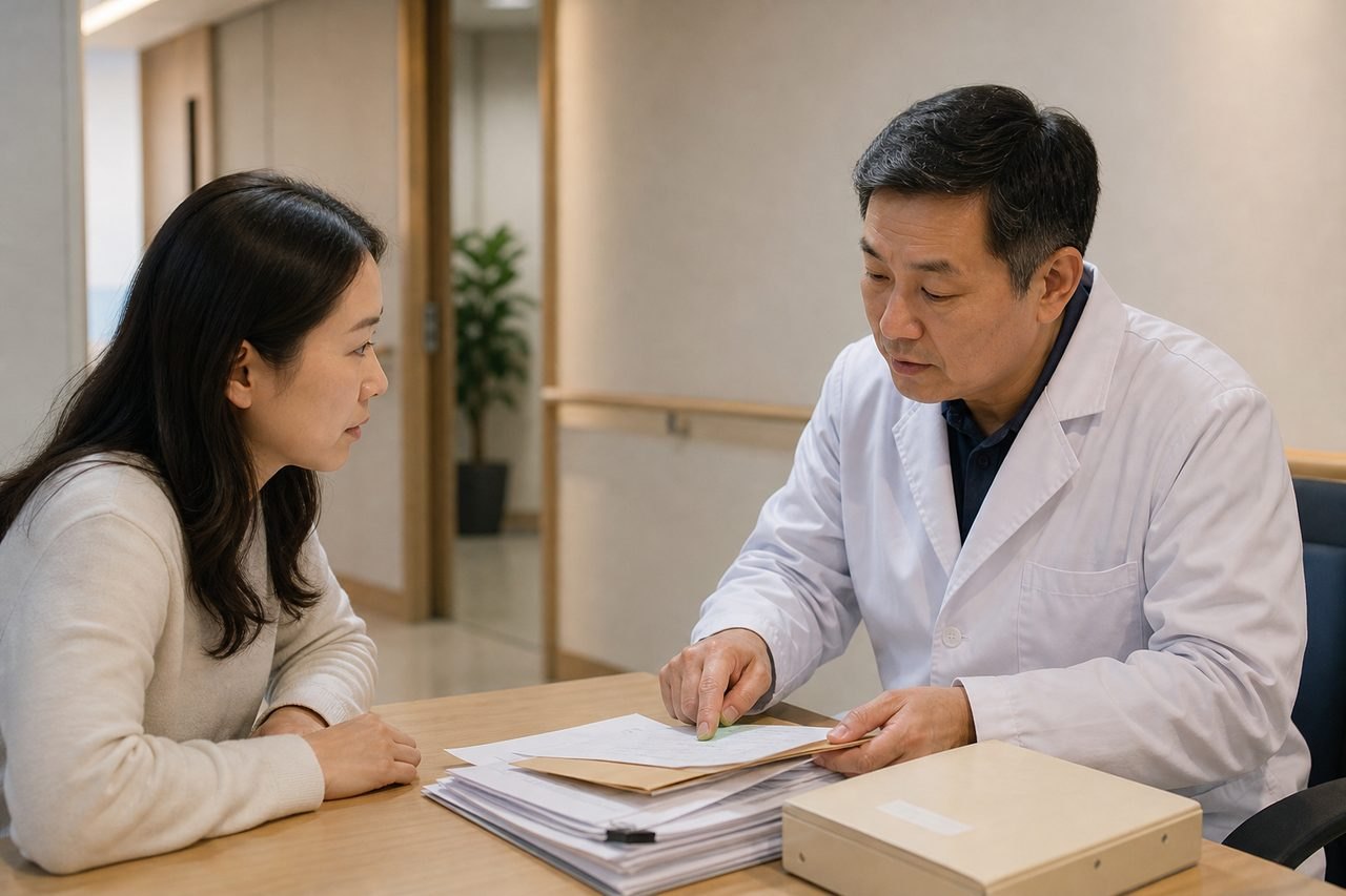 AI illustration: A doctor discusses medical information with a patient in a consultation room.