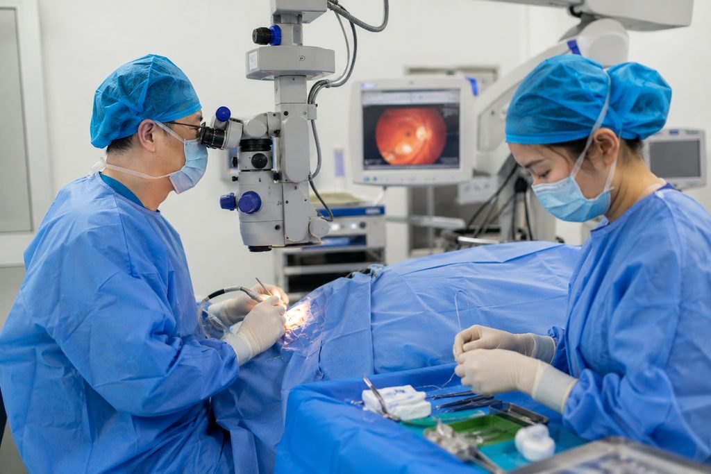 Illustrative image: Surgeons performing a procedure in an operating room with specialized equipment.