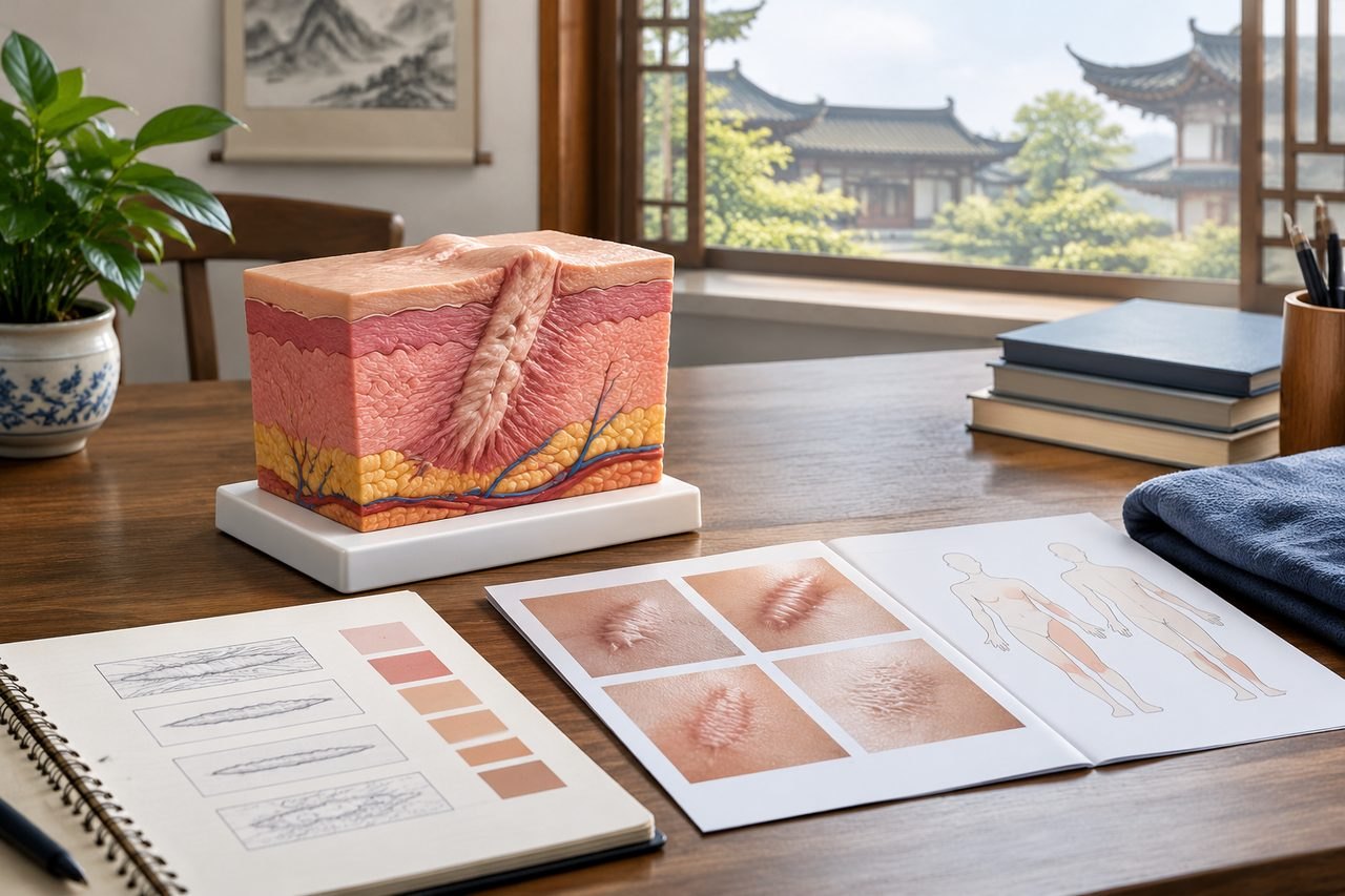 Illustrative image: A detailed anatomical model of skin is displayed on a table alongside sketches and reference materials.