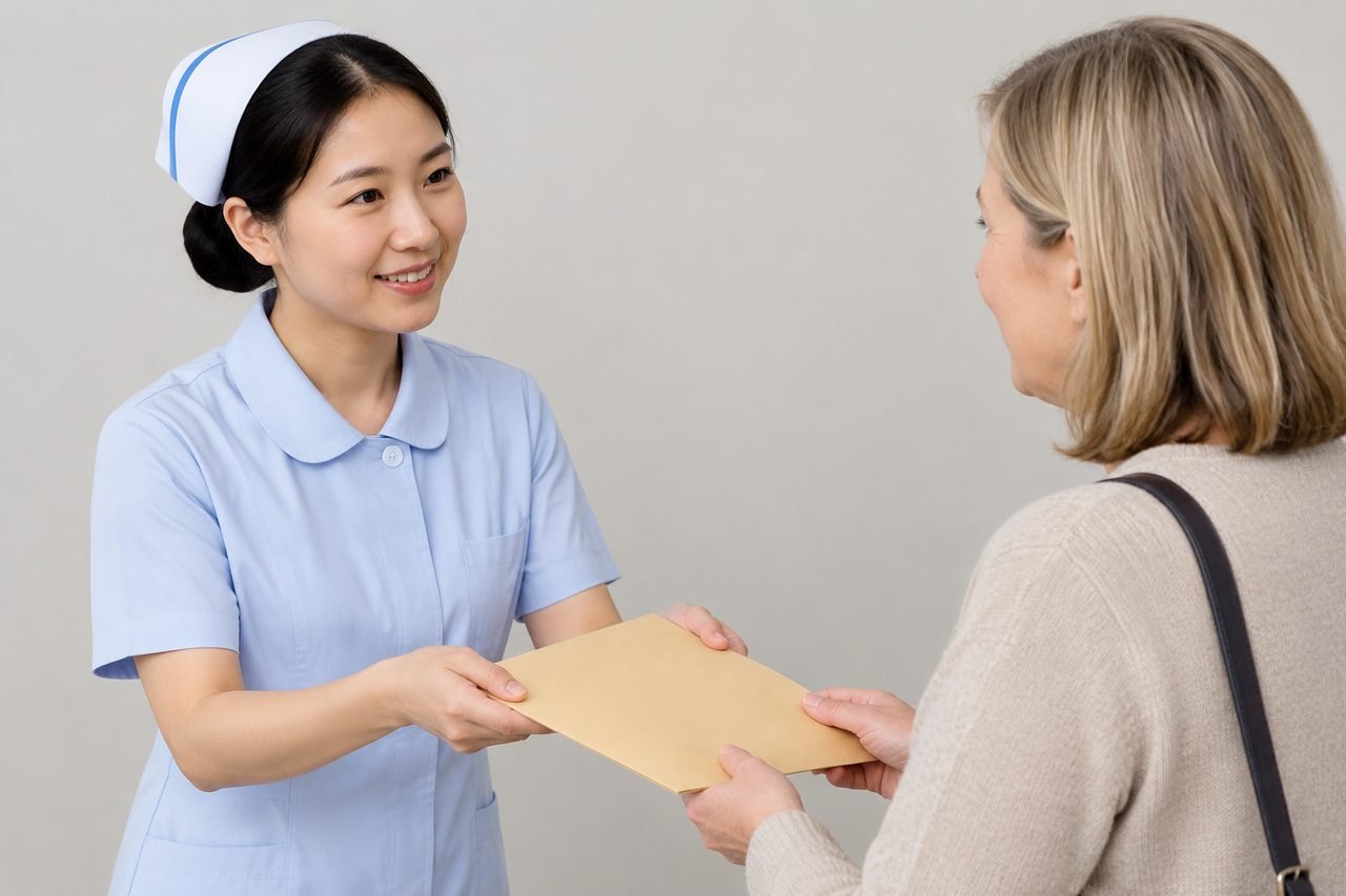 AI illustration: A nurse hands an envelope to a patient in a clinical setting.