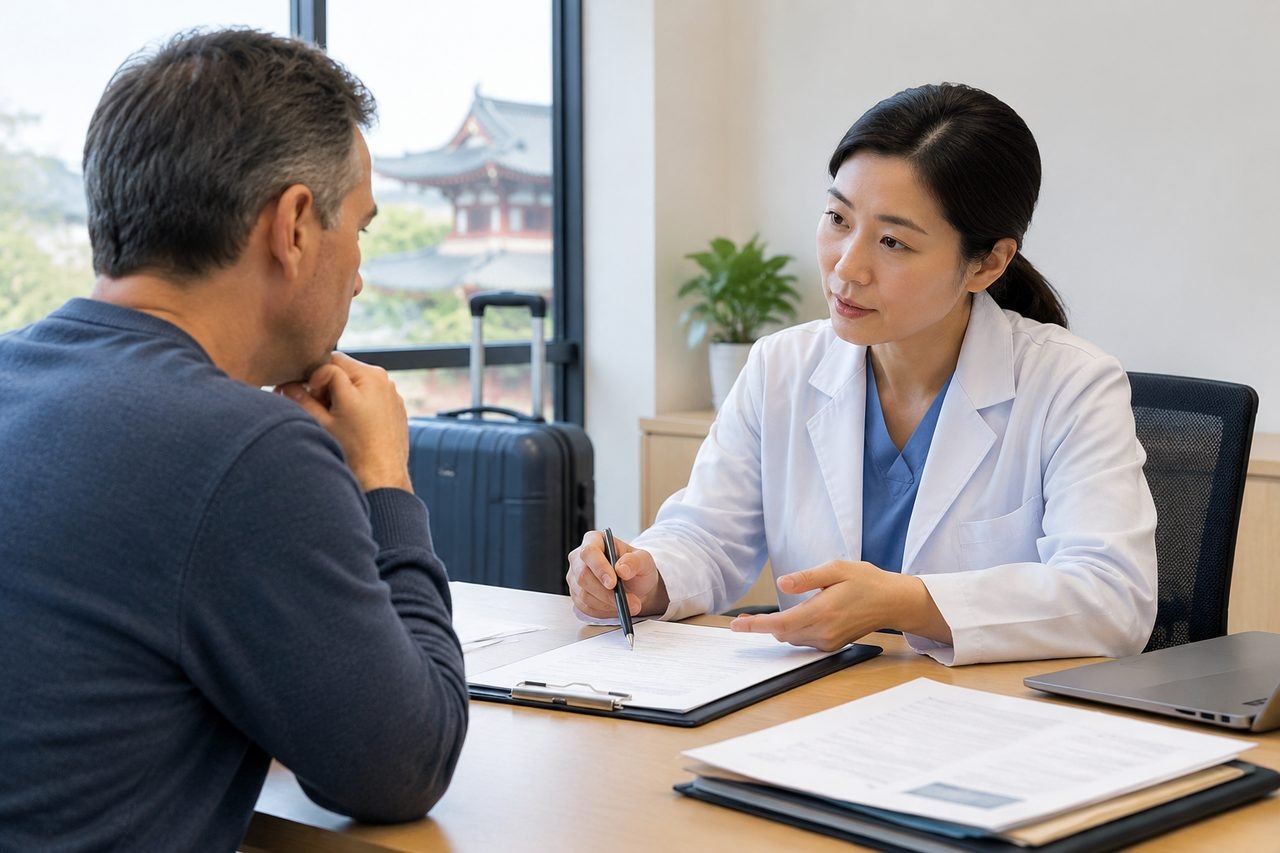 AI illustration: A doctor discusses medical information with a patient in a consultation room.