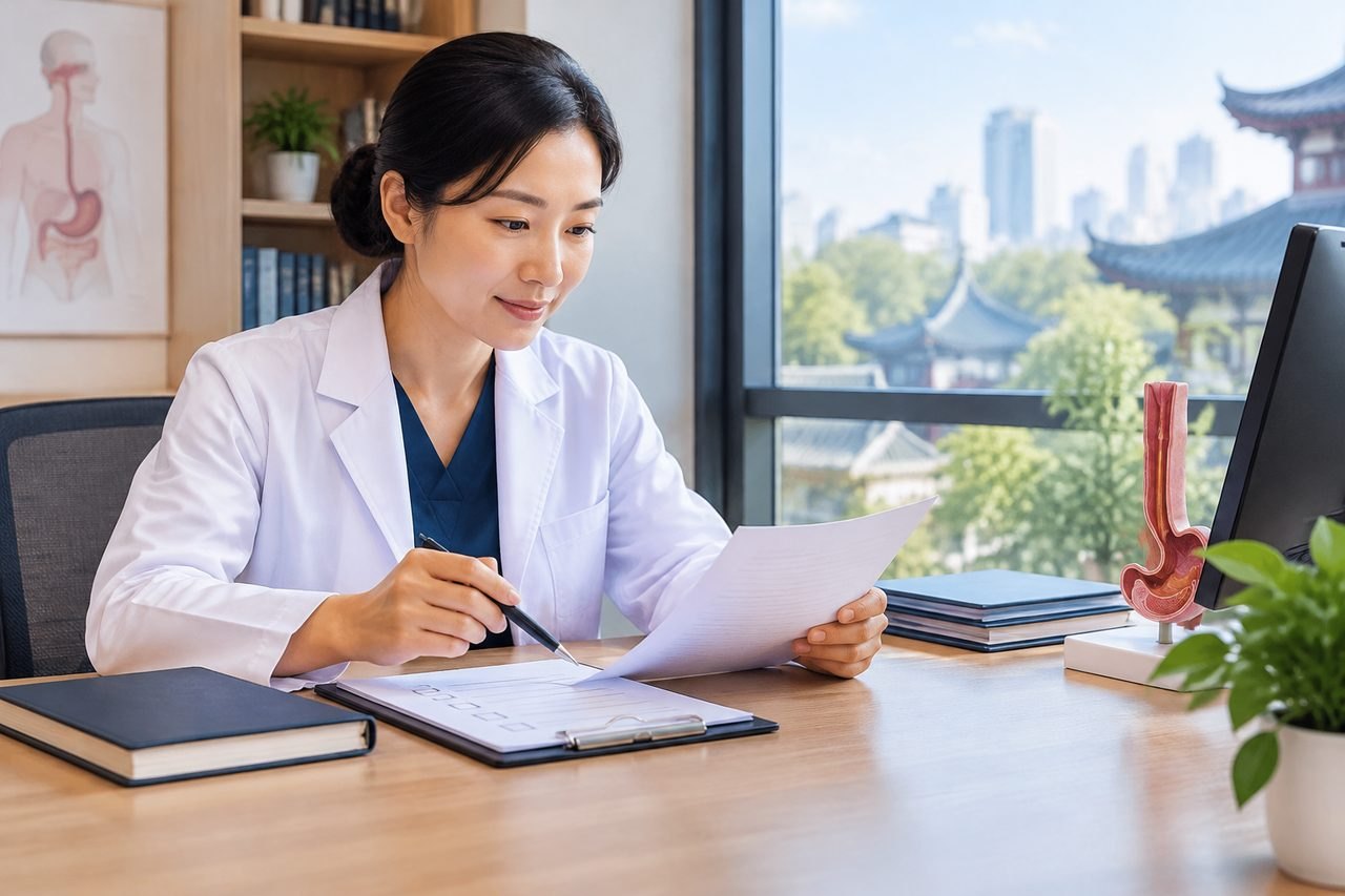 AI illustration: A medical professional reviews documents in a clinic setting with anatomical models in the background.