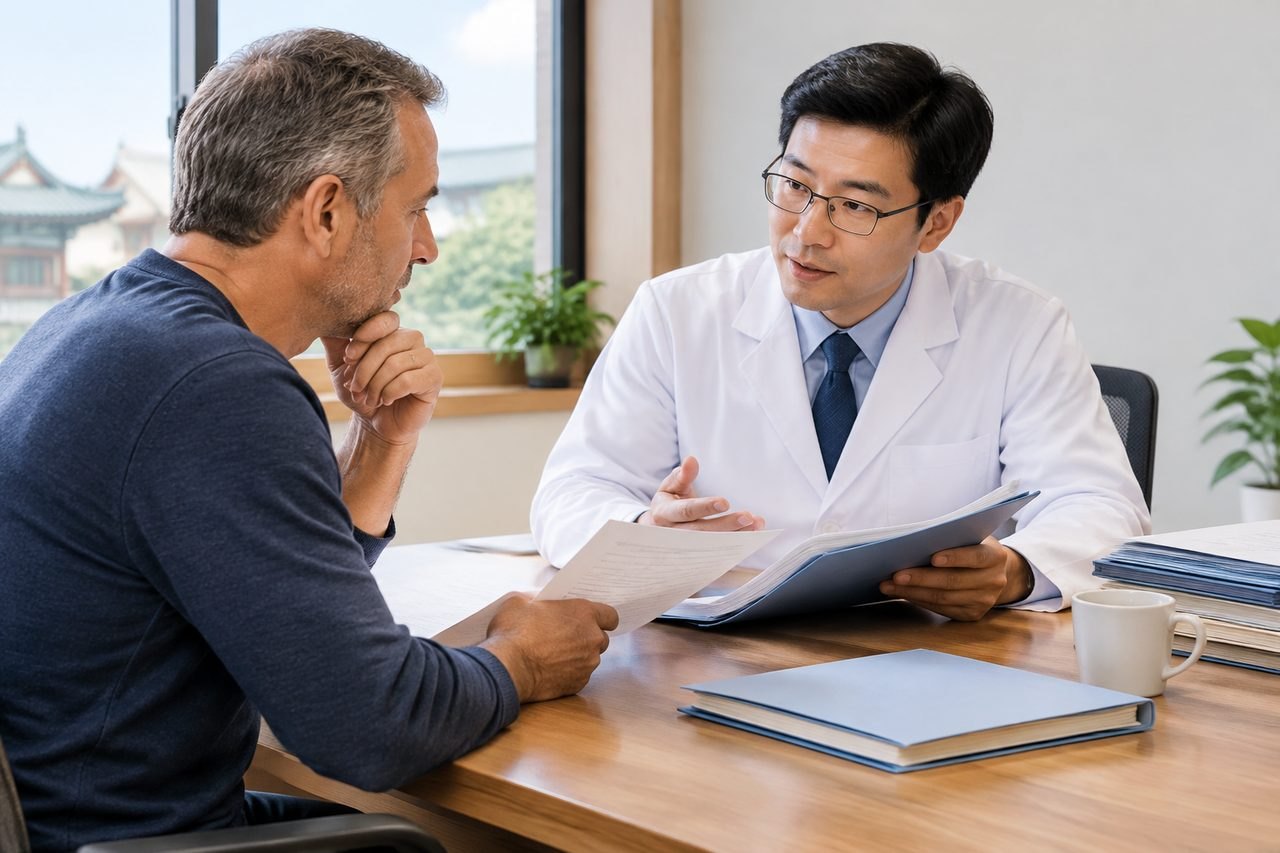 AI illustration: A doctor discusses medical information with a patient in a consultation room.