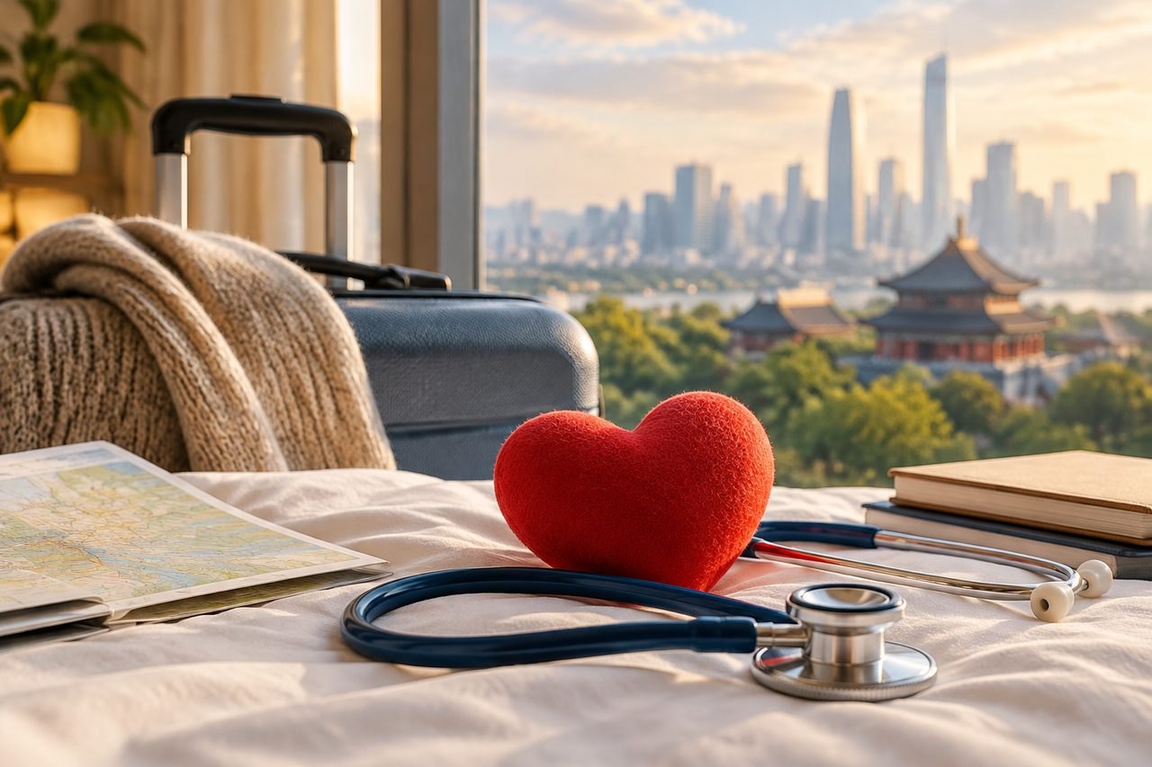 Illustrative image: A travel-themed scene featuring a stethoscope, a heart-shaped object, and a map, with a city skyline in the background.