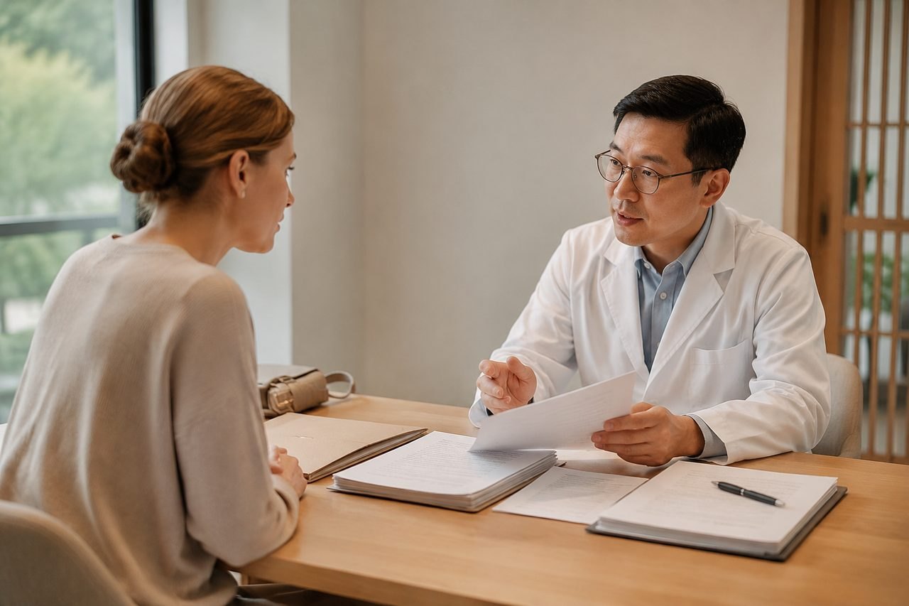 AI illustration: A doctor discusses medical documents with a patient in a consultation room.