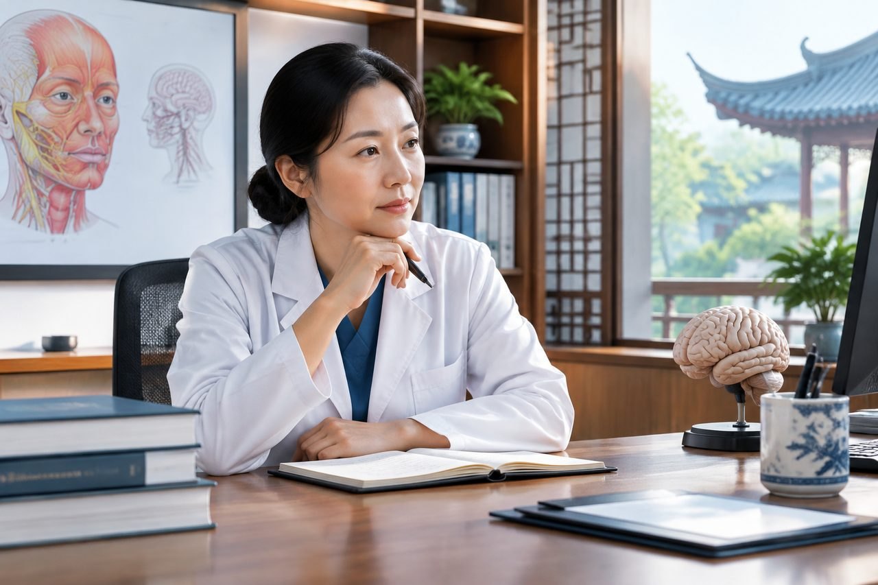 Illustrative image: A medical professional in a consultation room, reflecting on notes with anatomical models in view.
