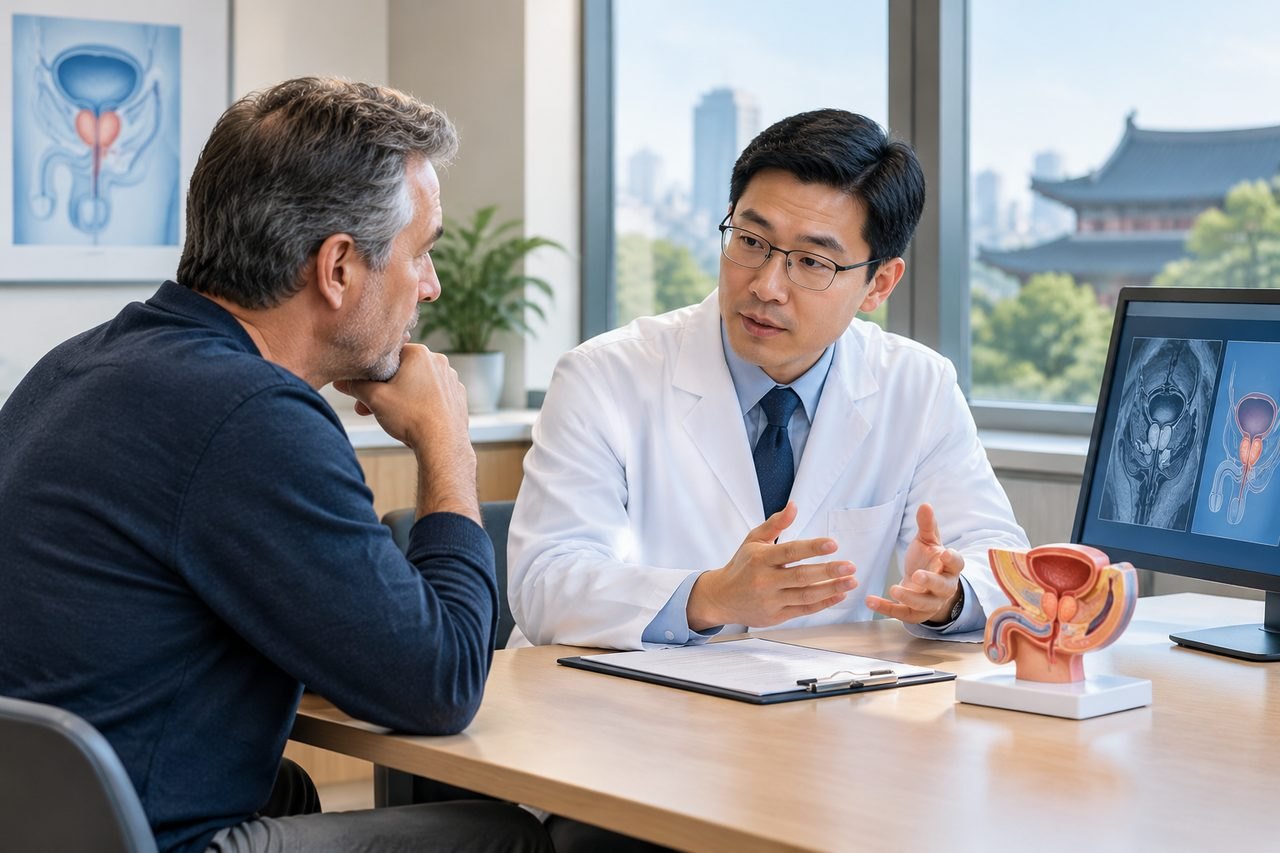 Illustrative image: A doctor discusses medical information with a patient in a consultation room.