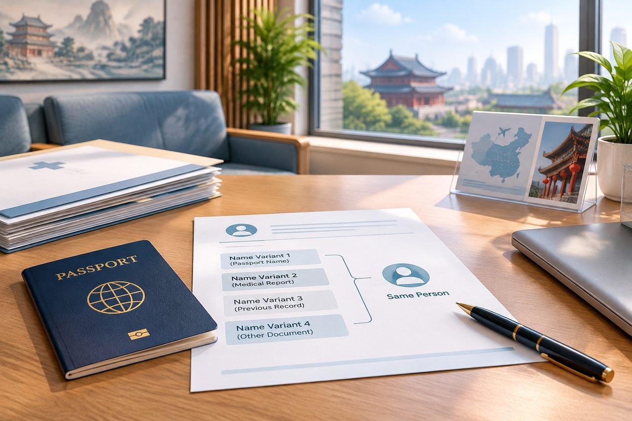 Editorial illustration: Medical Travel to China: Your Passport Name Differs Across Reports