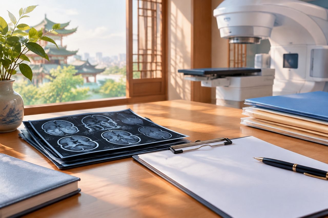 Illustrative image: A medical workspace featuring MRI scans, a clipboard, and medical equipment in a serene environment.