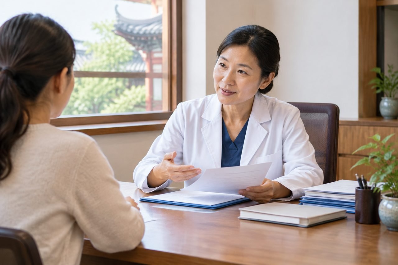 Illustrative image: A doctor discusses medical information with a patient in a consultation room.