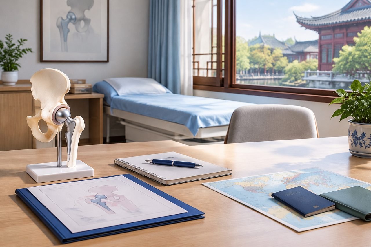 Illustrative image: A medical consultation room featuring an anatomical model of the hip joint and various documents on a desk.