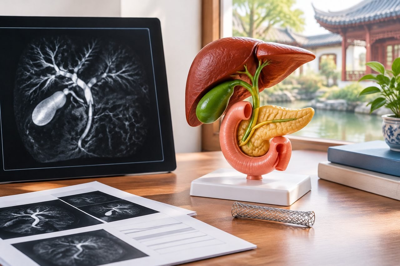 Illustrative image: A detailed anatomical model of the liver and pancreas is displayed alongside medical imaging on a tablet and printed images.
