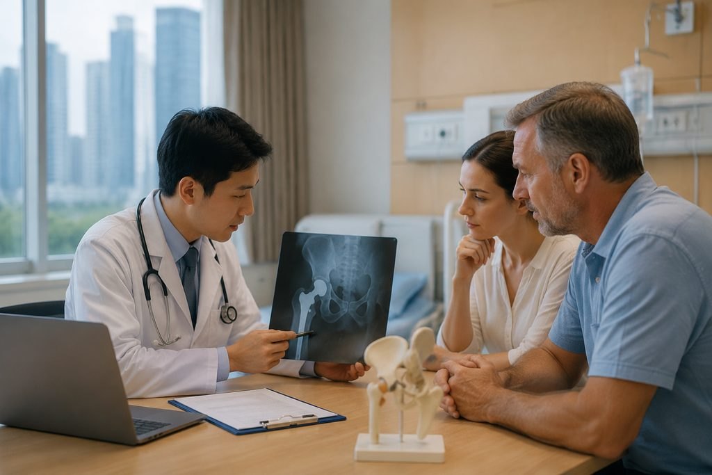 Illustrative image: A doctor discusses an X-ray with a couple in a medical consultation room.