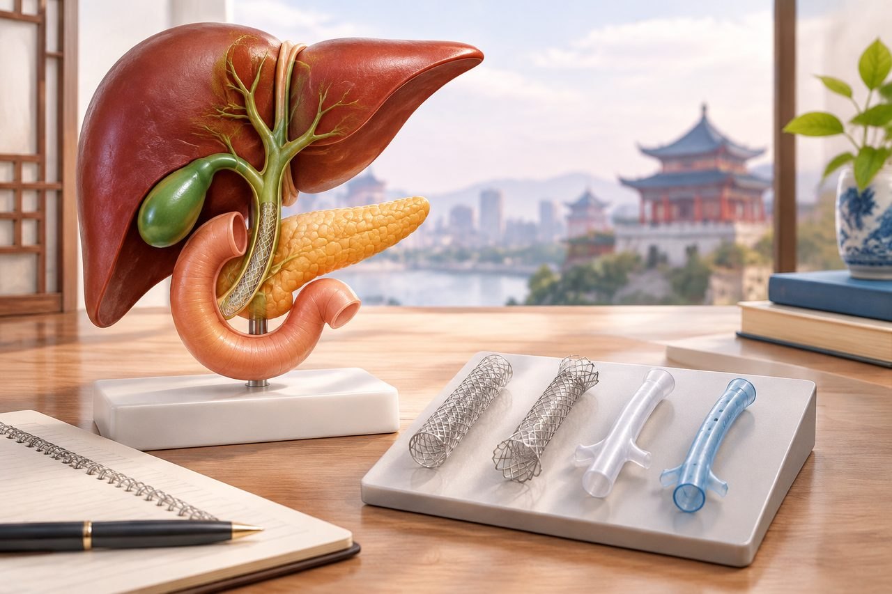 Illustrative image: A detailed anatomical model of the liver and pancreas alongside various medical devices on a desk with a scenic view in the background.