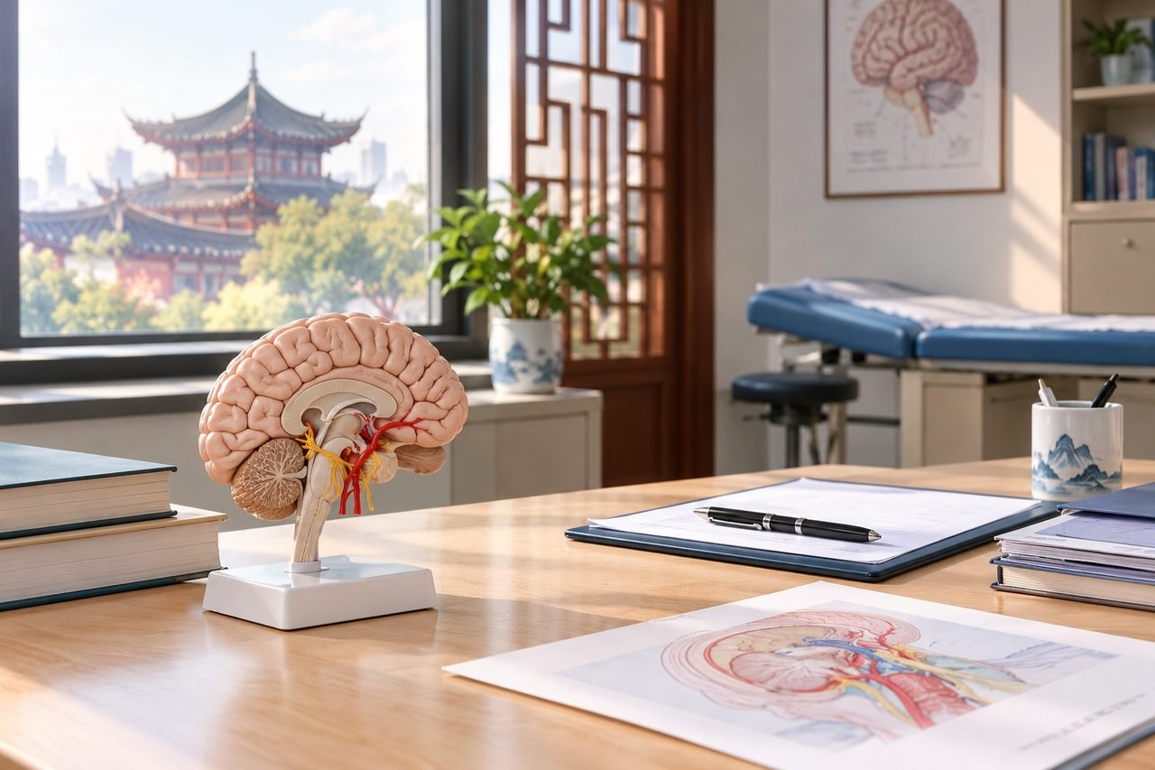 Illustrative image: A medical consultation room featuring a brain model and anatomical illustrations.