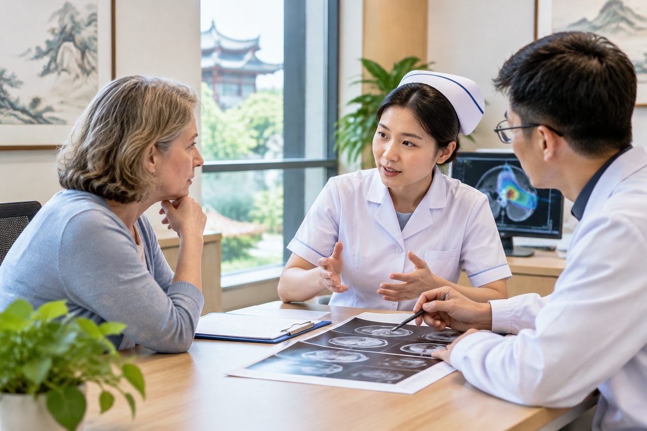 Illustrative image: A nurse discusses medical imaging with a patient and a doctor in a consultation room.