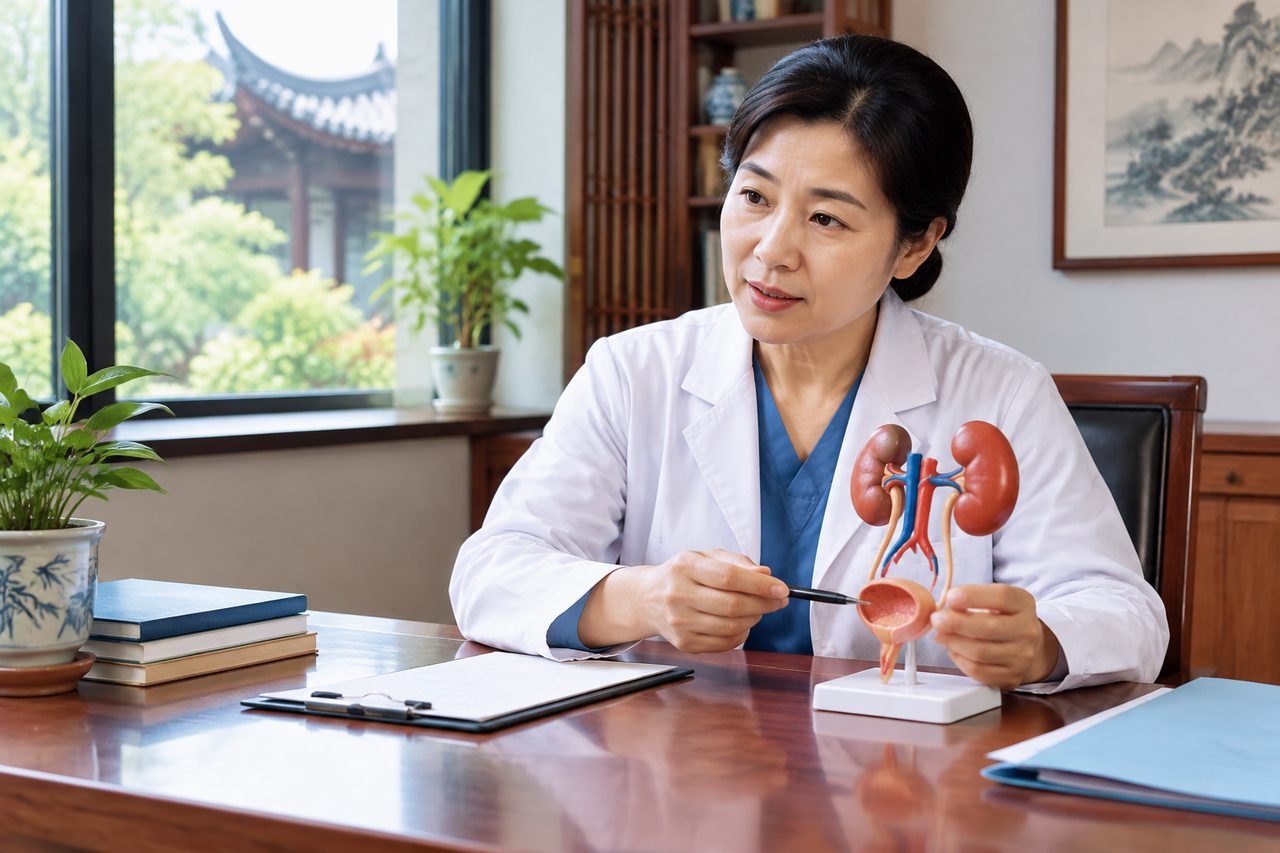 Illustrative image: A medical professional discusses anatomy using a kidney model in a consultation room.