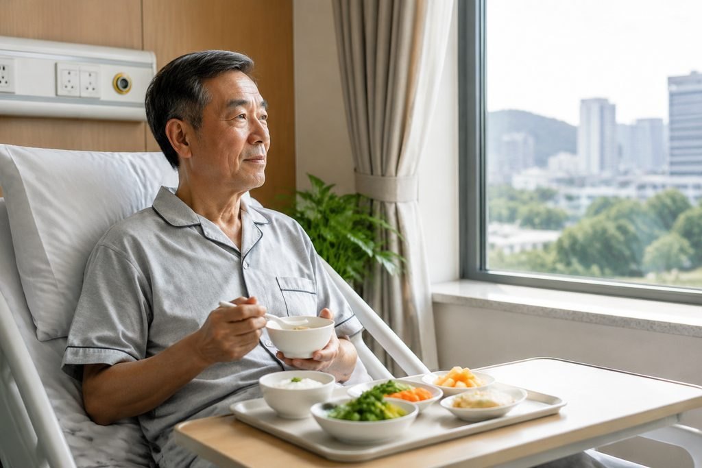 Illustrative image: An elderly man enjoys a meal in a hospital room with a view.