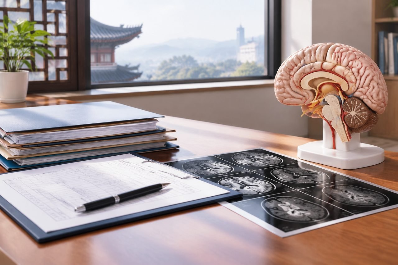 Illustrative image: A desk with a brain model, medical documents, and MRI scans in a well-lit room with a view.