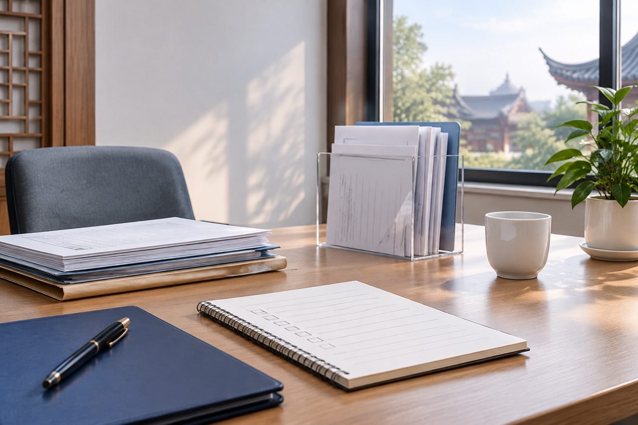 AI illustration: A modern office desk with documents, a notebook, a pen, and a plant, featuring a view of traditional architecture outside.