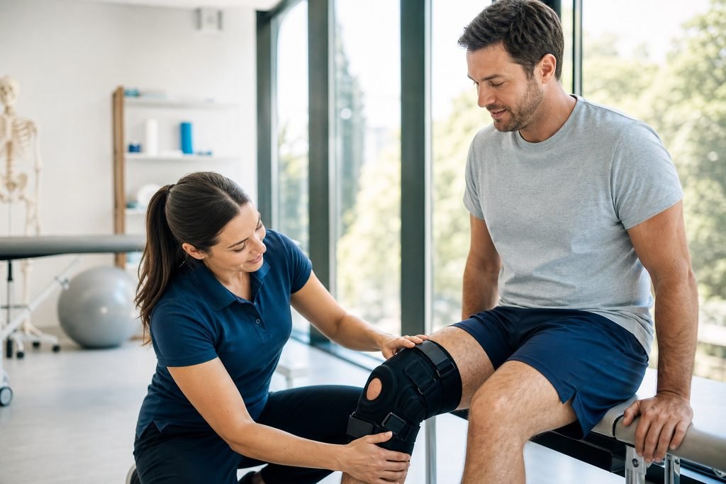 Illustrative image: A physical therapist assists a male patient with a knee brace in a rehabilitation room.