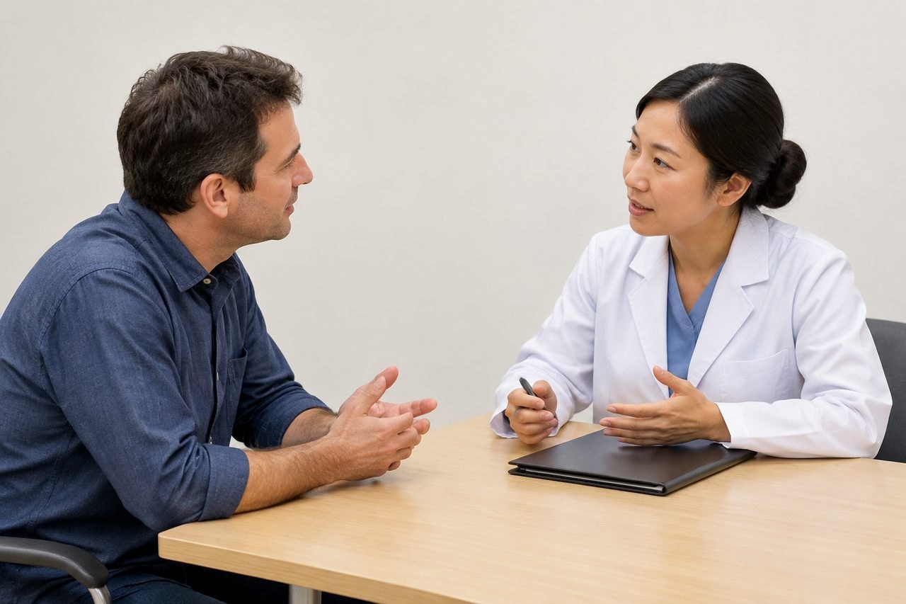 AI illustration: A doctor and patient engage in a consultation at a table.