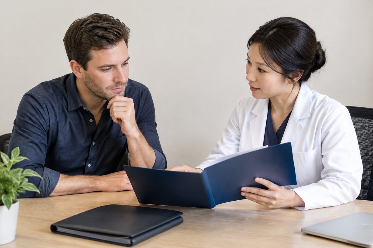 AI illustration: A doctor discusses information with a patient in a consultation setting.