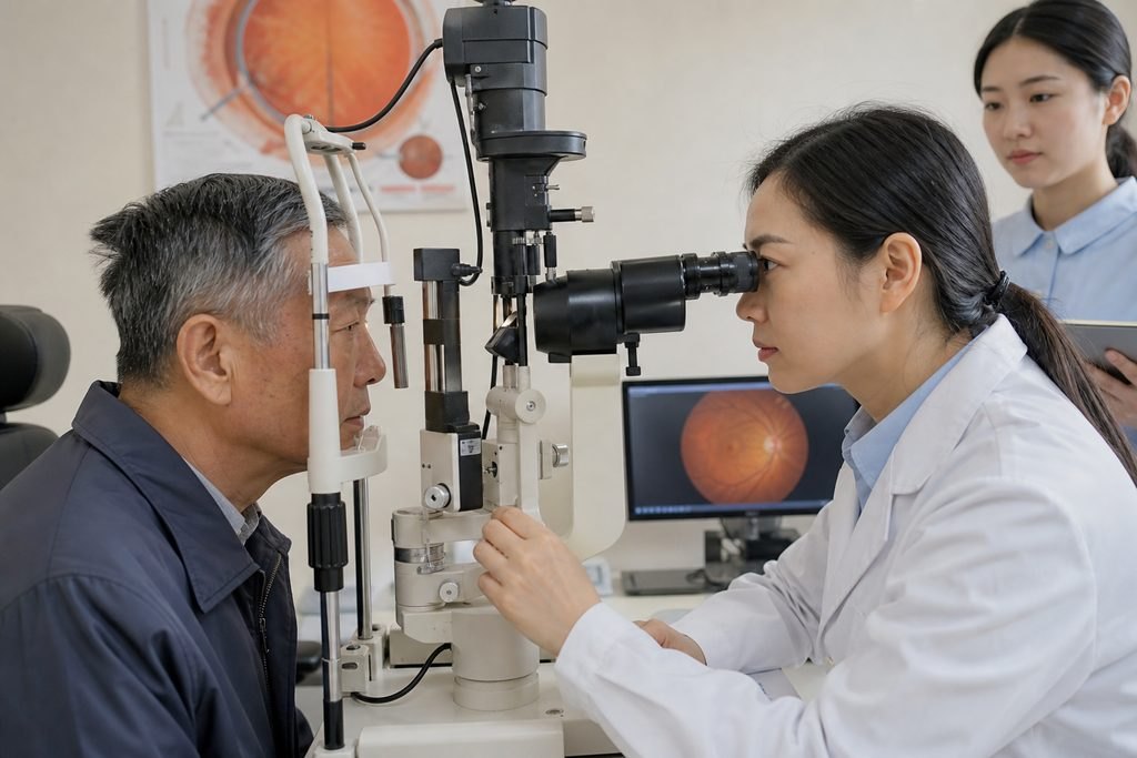 Illustrative image: An eye examination is being conducted using a slit lamp by a medical professional on a patient in a clinical setting.