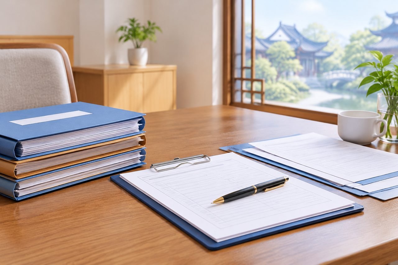 AI illustration: A well-organized desk featuring folders, documents, and a cup of coffee, with a serene view outside.