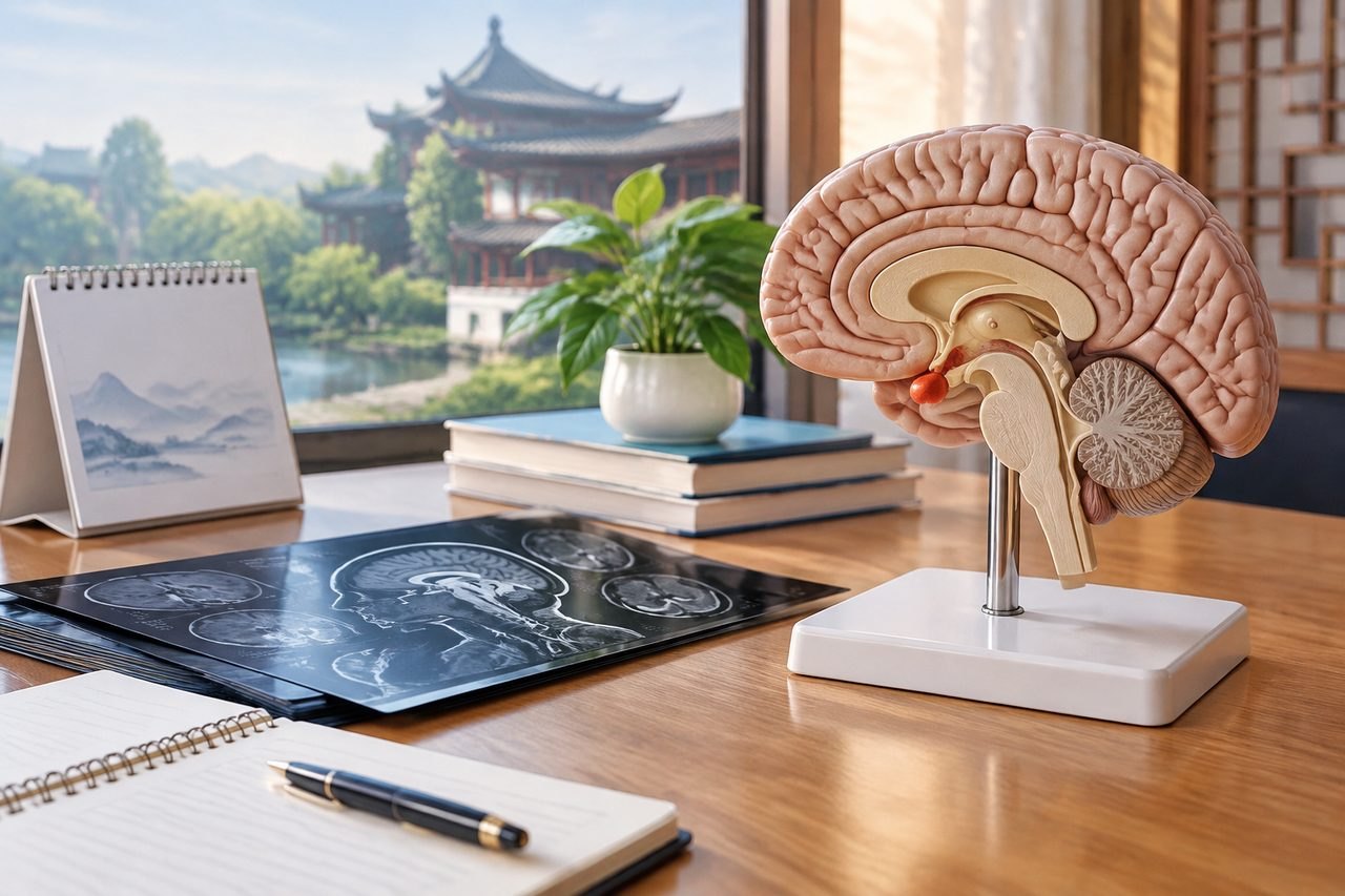 Illustrative image: A detailed anatomical model of the brain is displayed on a desk with various educational materials and a scenic view outside.