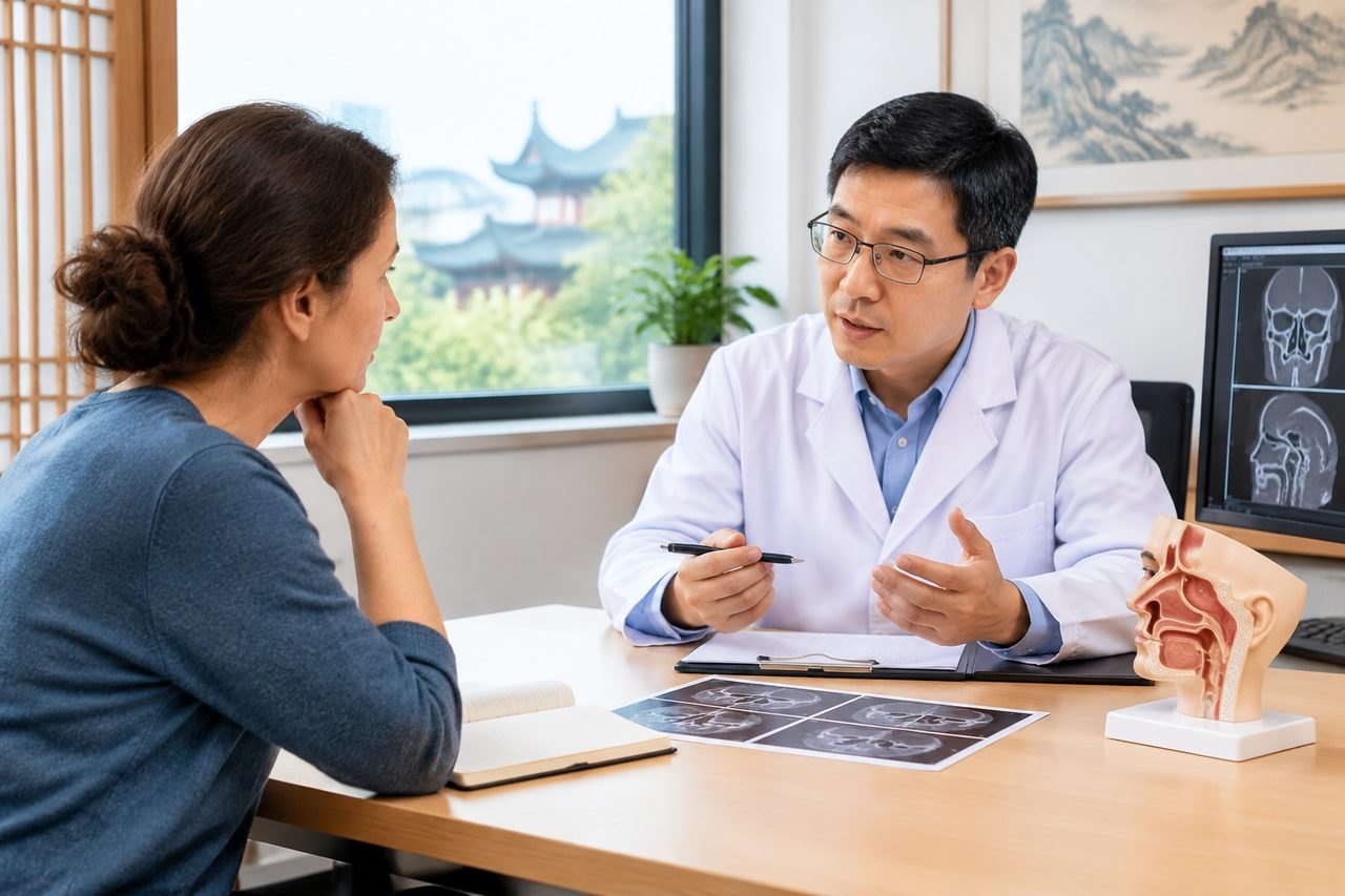 Illustrative image: A doctor discusses medical images with a patient in a consultation room.