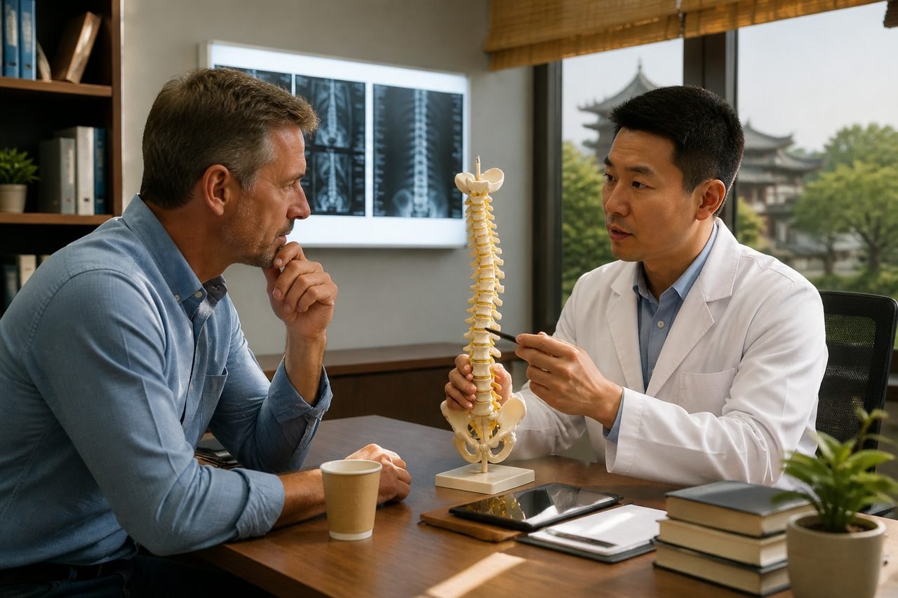 Illustrative image: A doctor discusses spinal health with a patient using an anatomical model in a consultation room.