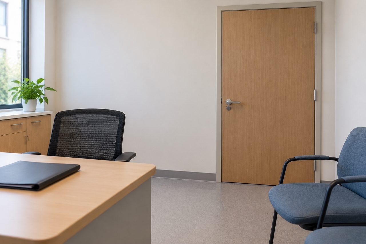 AI illustration: A modern clinic room featuring a desk, chairs, and a door.