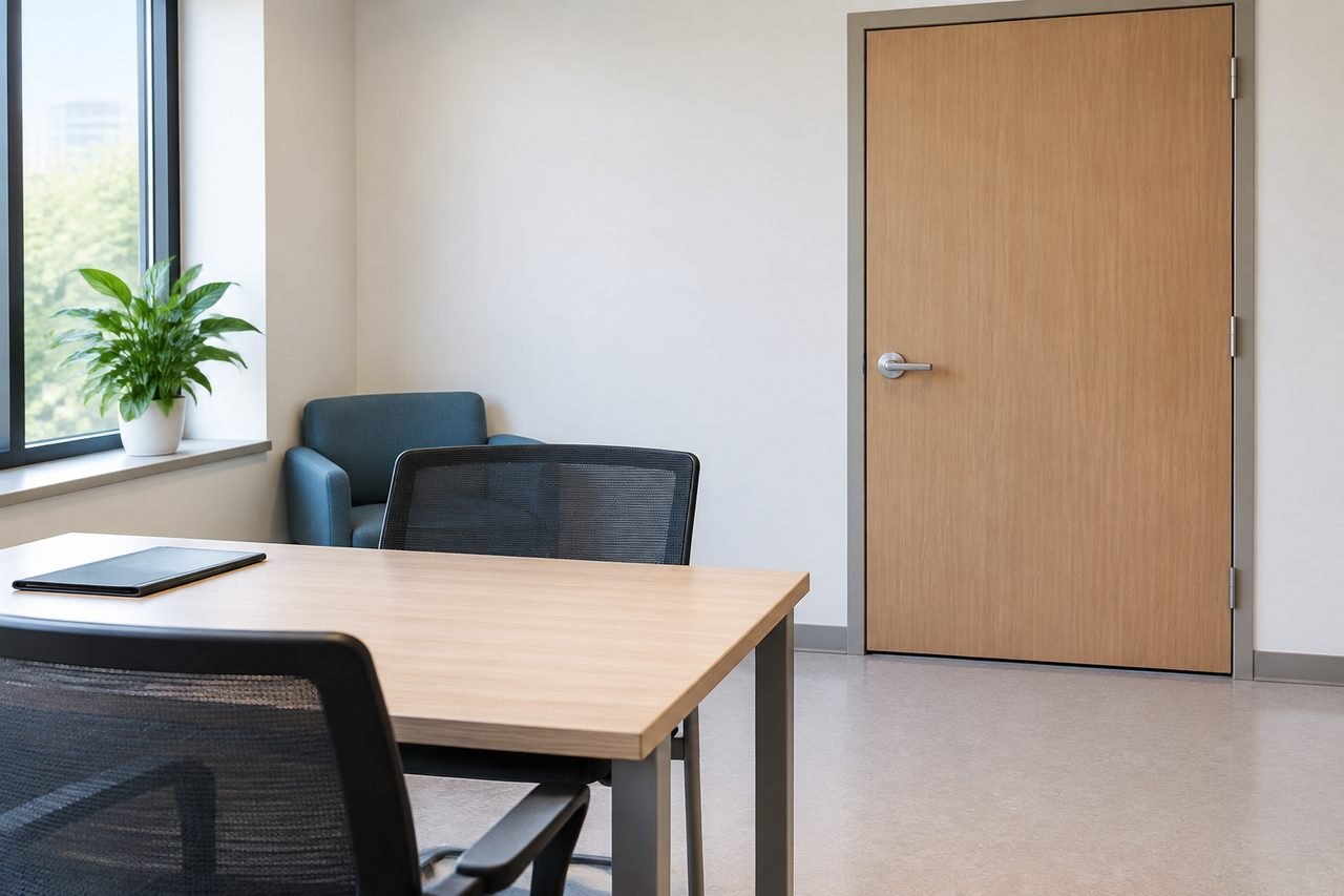 AI illustration: A modern consultation room featuring a table, chairs, and a plant by the window.