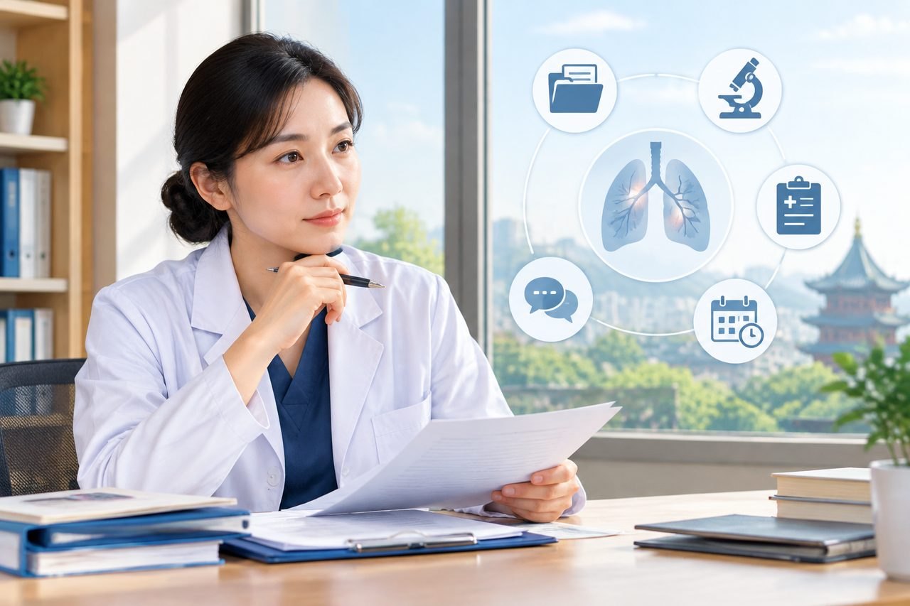 Editorial illustration: Small Cell Lung Cancer Care in China: Questions About Long-Term Follow-Up