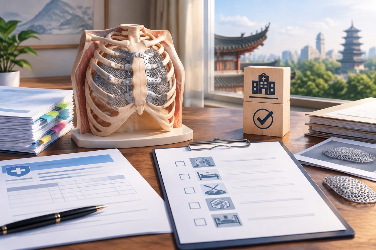 AI illustration: A detailed anatomical model of the ribcage is displayed on a desk alongside medical documents and a view of a city skyline.