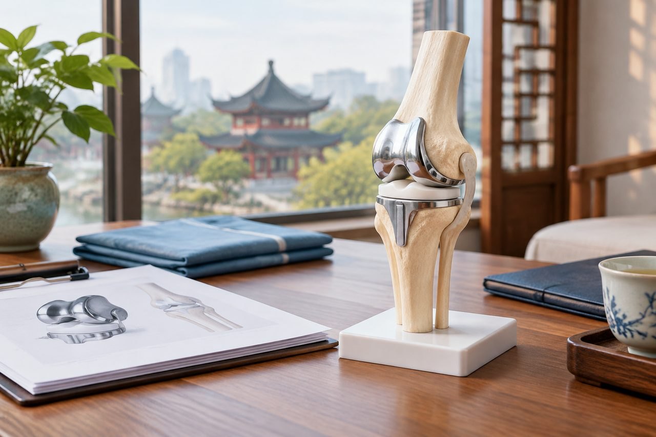 Illustrative image: A detailed anatomical model of a knee joint is displayed on a table with sketches and a view of a city skyline in the background.