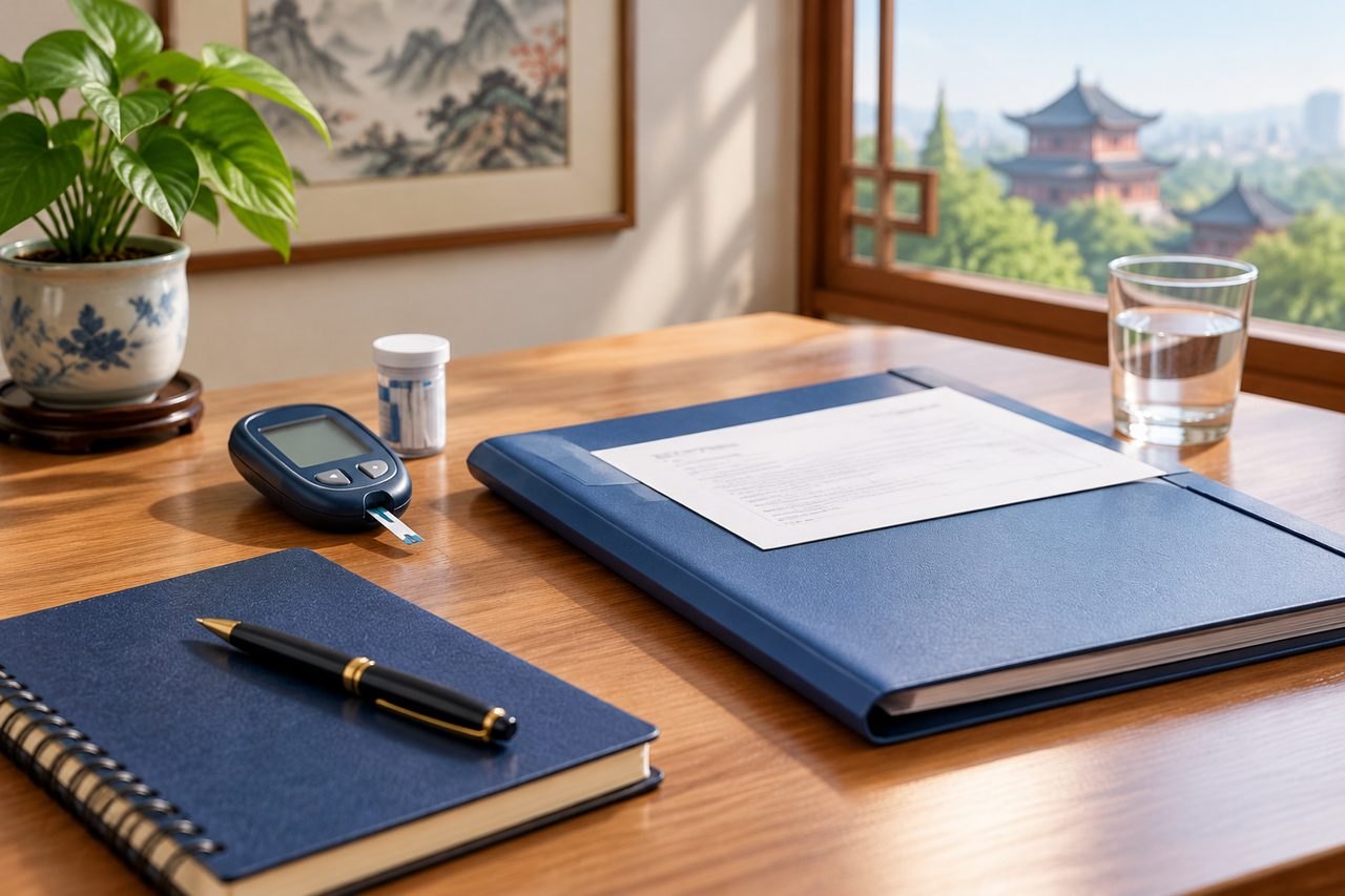 AI illustration: A well-organized desk featuring a glucose meter, notebooks, and a glass of water with a scenic view outside.